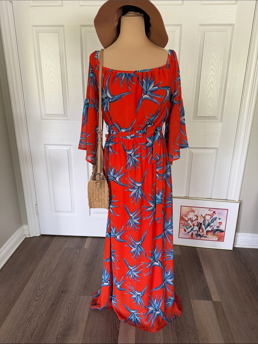 Bright orange Blue Floral Off-Shoulder Maxi Dress